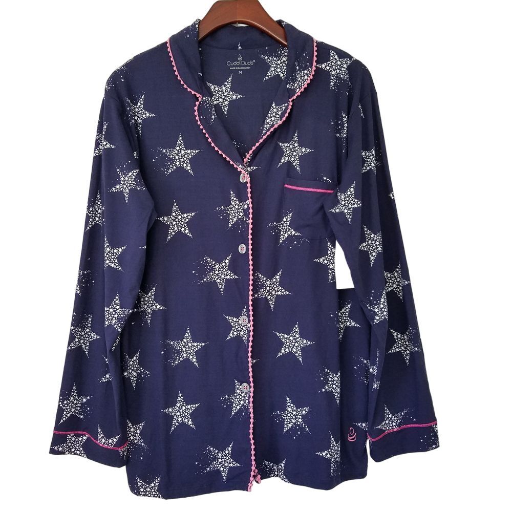 Cuddl Duds Long‎ Sleeve Pajama Top Sleep Womens Size M Blue Star Print NWT